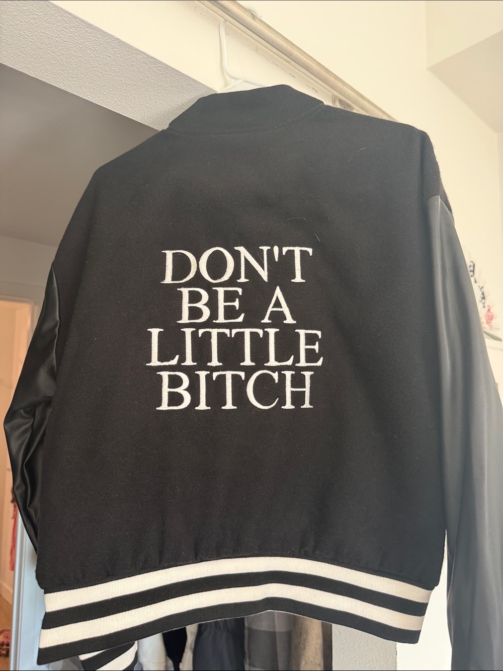 UNIQUE Steve Madden Black Varsity Jacket with White Stripe Trim